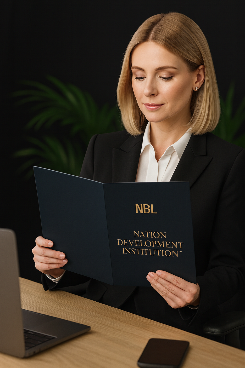 Business Suite lady reading folder